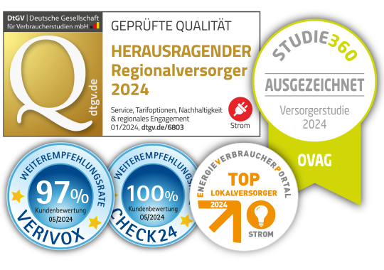 Auszeichnungen: Herausragender Regionalversorger 2022 (dtgv.de), TOP-Lokalversorger 2024 - Kundenempfehlungsrate von 97% bei Verivox und 83% bei Check24 (02/2024)